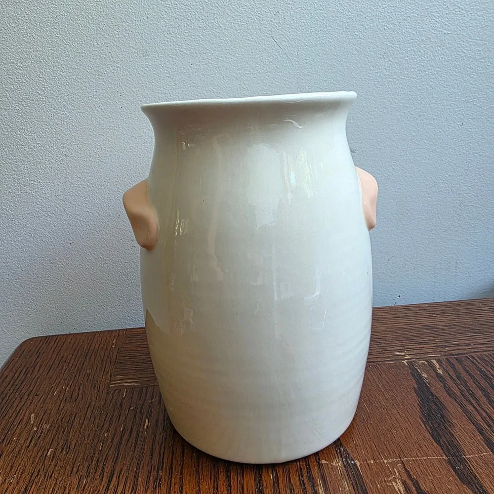 Vintage Handmade Ceramic Goose Crock Vase 80s 90s Kitchen Cottagecore Blue Pink